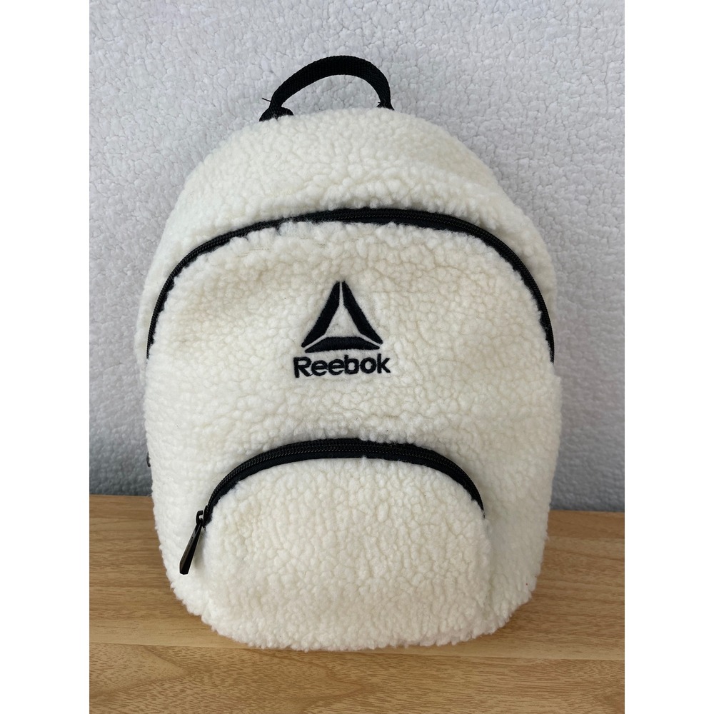 Reebok Mini Backpack Cream Sherpa Fleece Fuzzy Teddy Small Bag Black Delta Logo